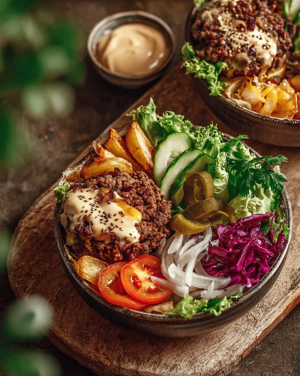 Delicious Burger Bowls featuring fresh ingredients and savory flavors