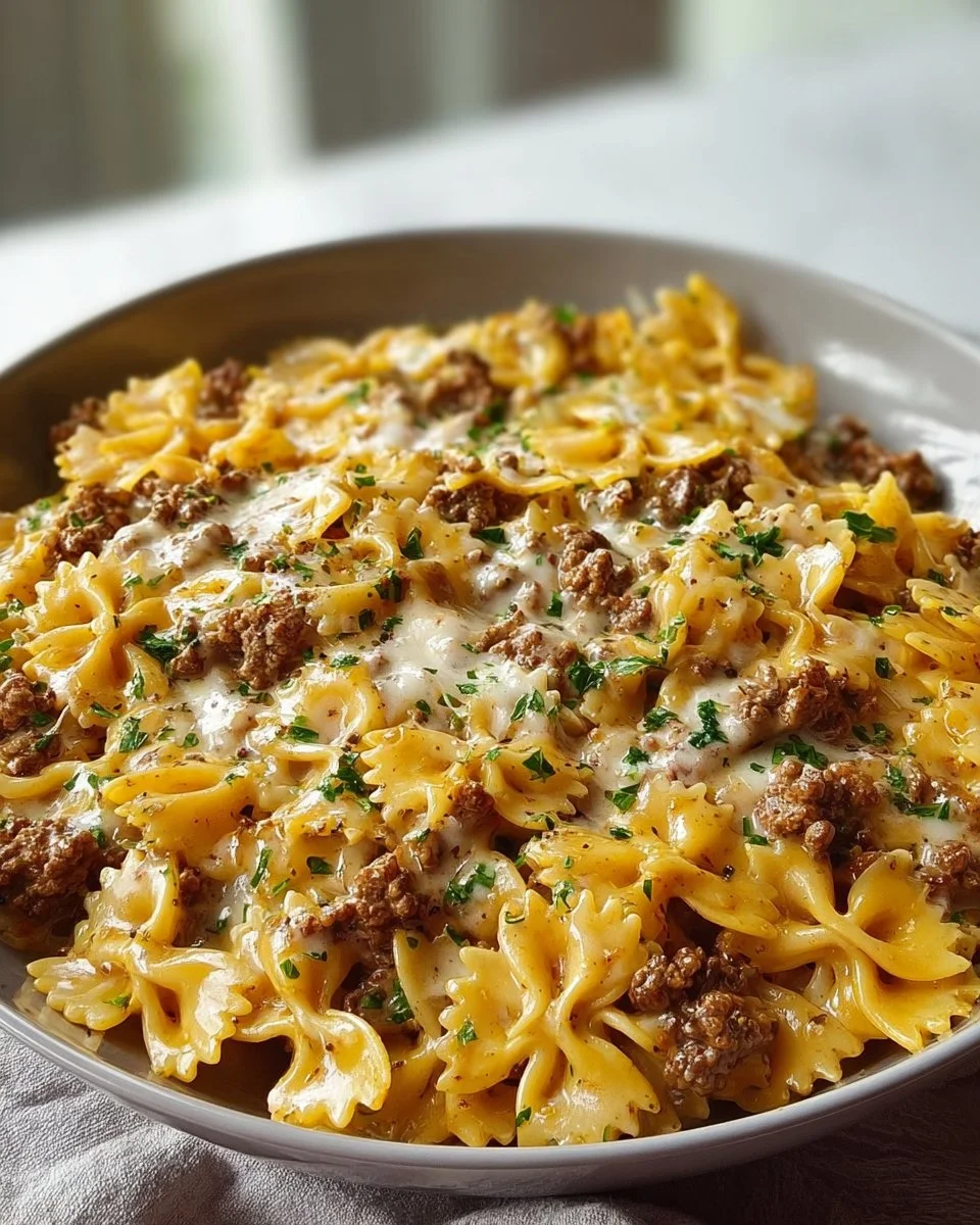 Cajun Cream Cheese Alfredo Bowties with spiced ground beef in a bowl
