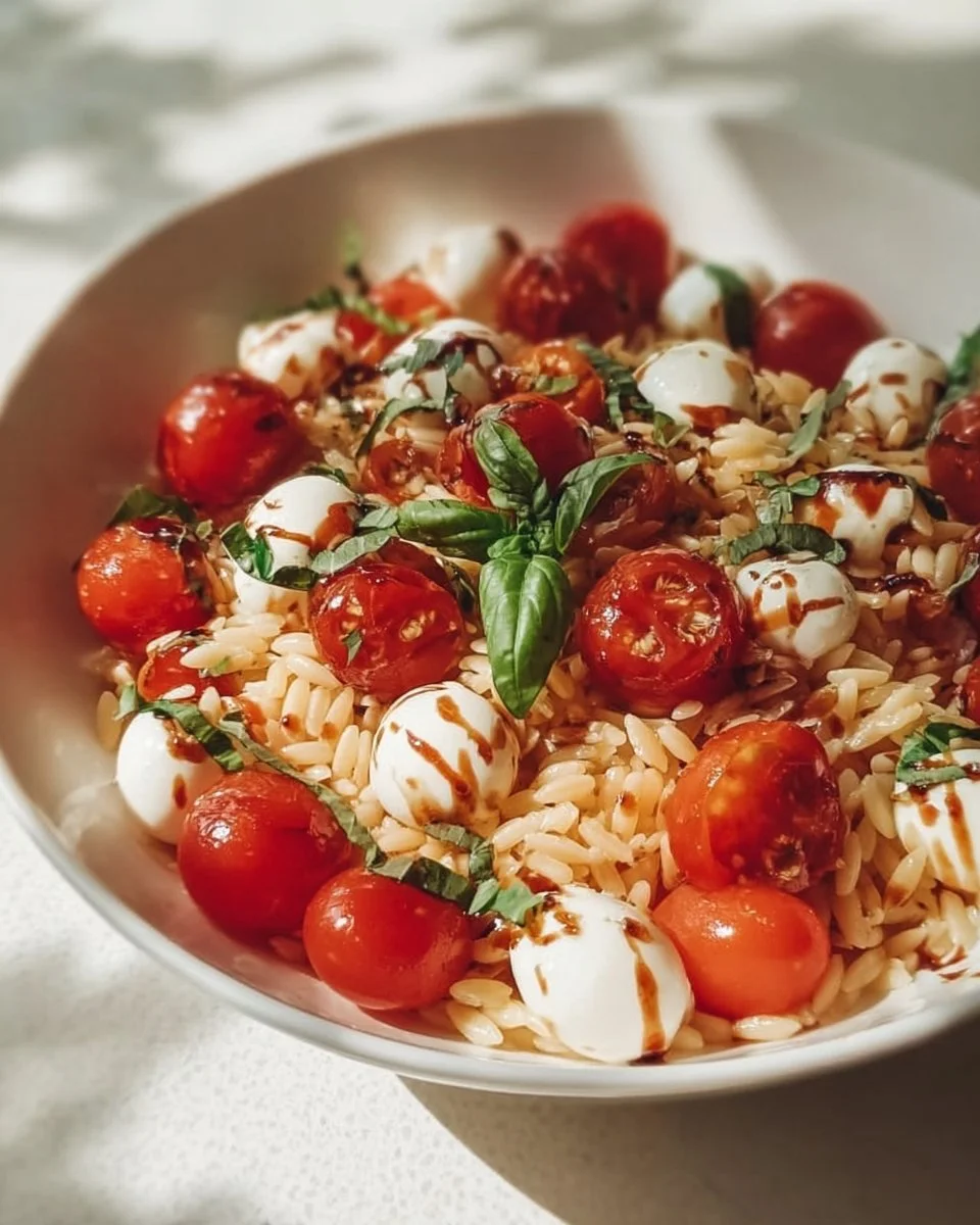Caprese Orzo Salad with tomatoes, mozzarella, and basil in a bowl