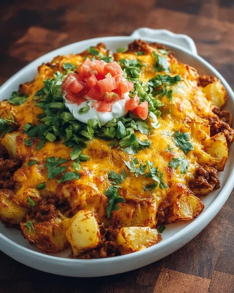 Delicious cheesy taco potatoes topped with sour cream and cilantro.