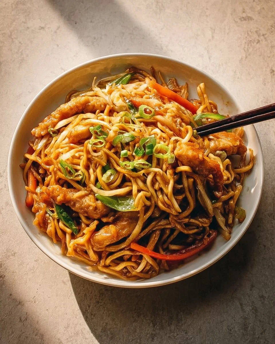 Bowl of Chicken Chow Mein with vegetables and noodles