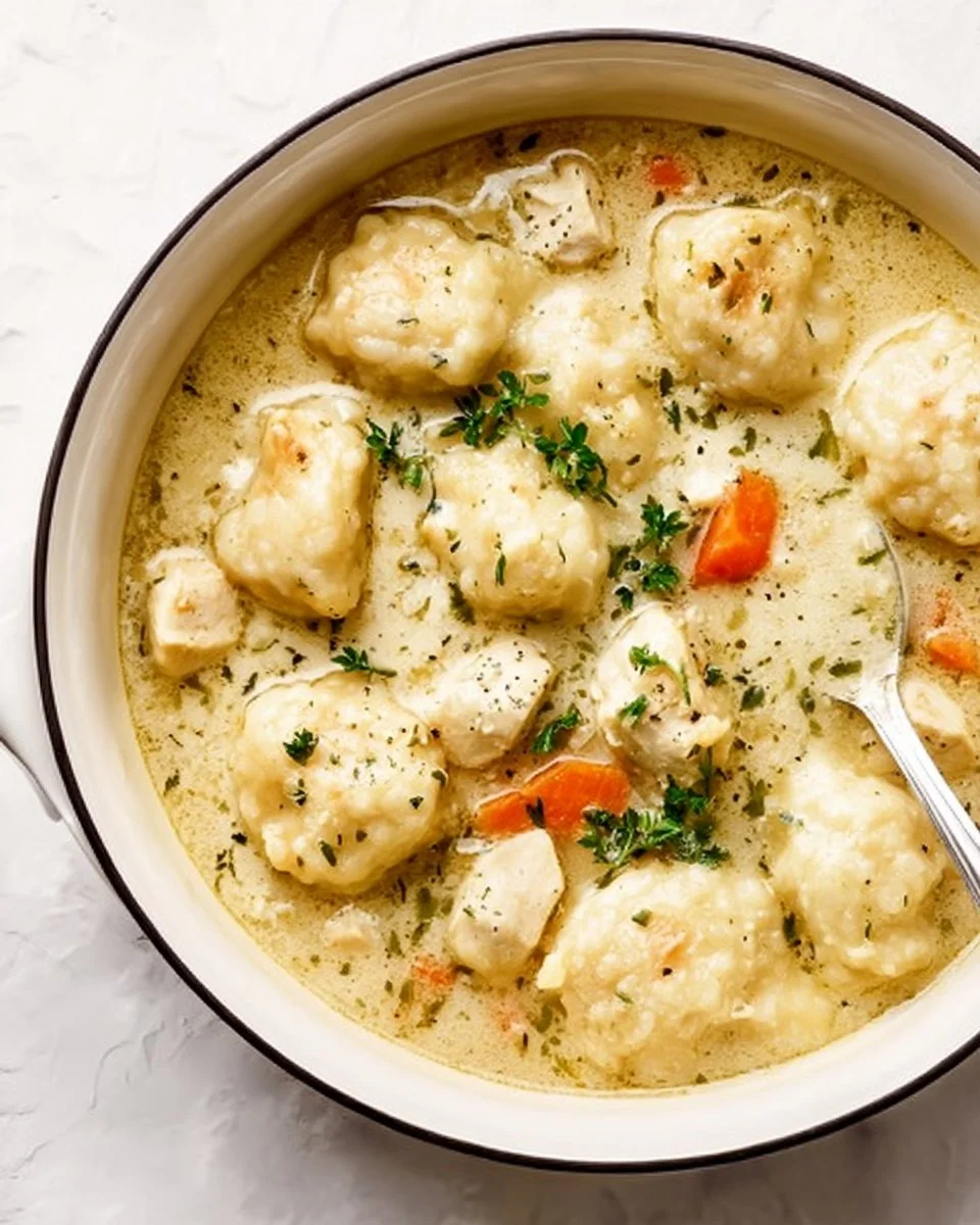 Bowl of delicious Chicken Dumpling Soup with tender chicken and dumplings