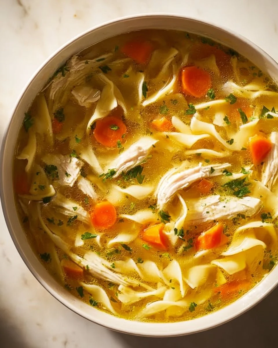 Bowl of homemade Chicken Noodle Soup with vegetables and herbs