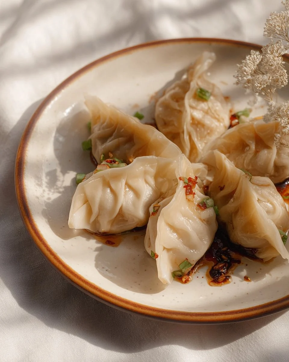 Plate of crispy Chicken Potstickers with filling and dipping sauce