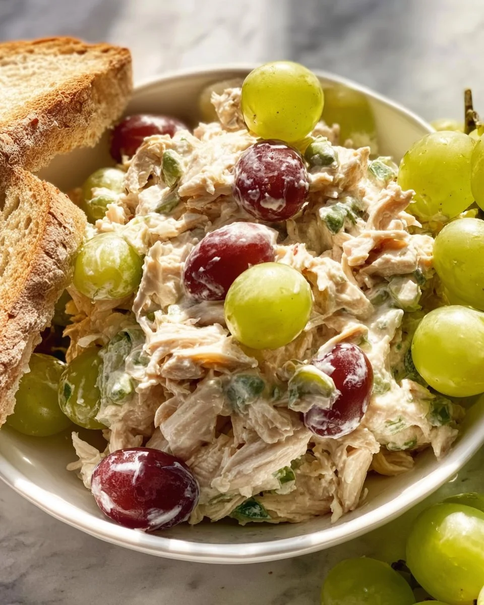 Delicious chicken salad with grapes in a bowl, perfect for healthy meals.