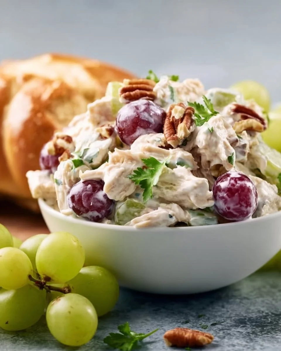 A bowl of chicken salad with grapes and nuts, highlighting freshness and flavor