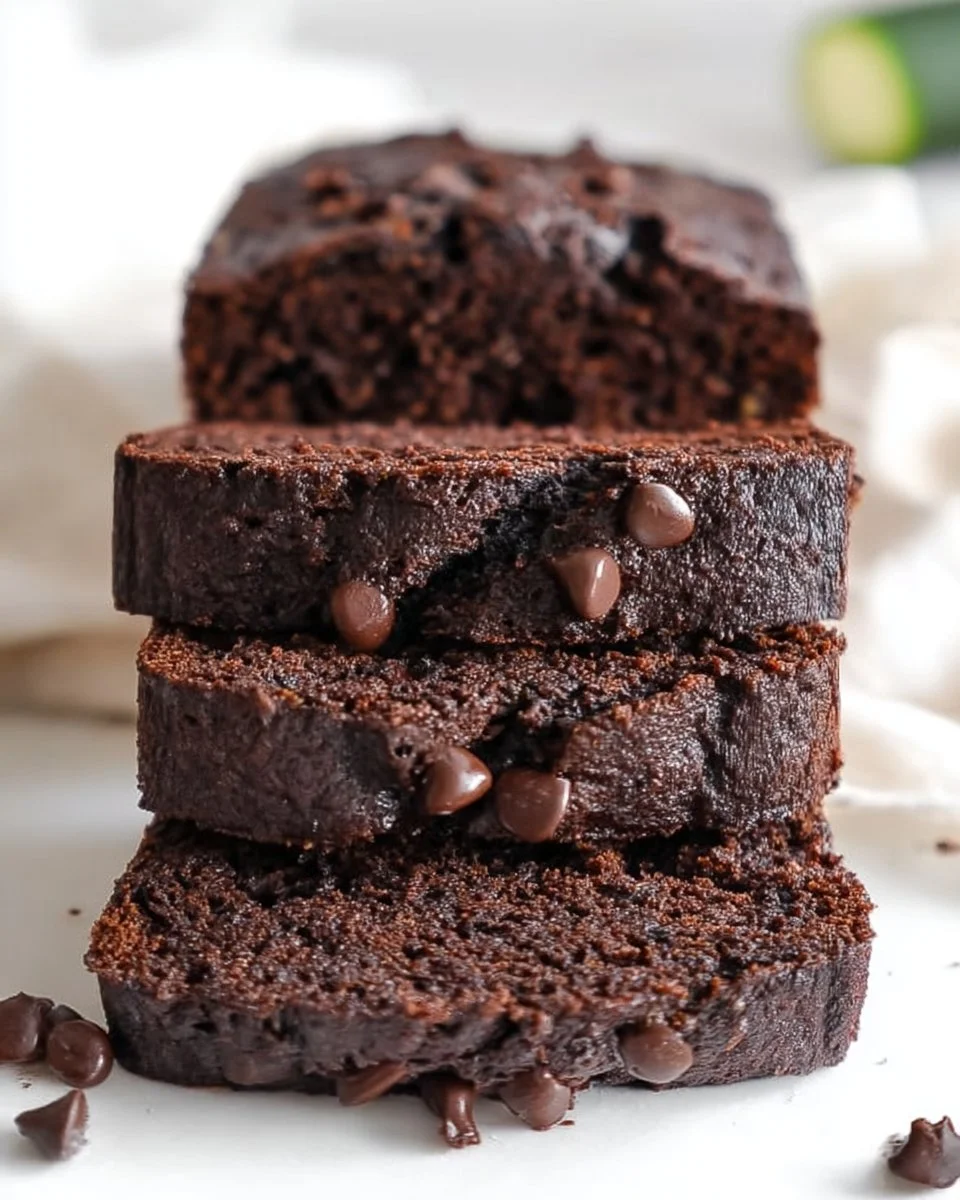 A slice of moist chocolate zucchini bread on a wooden table.