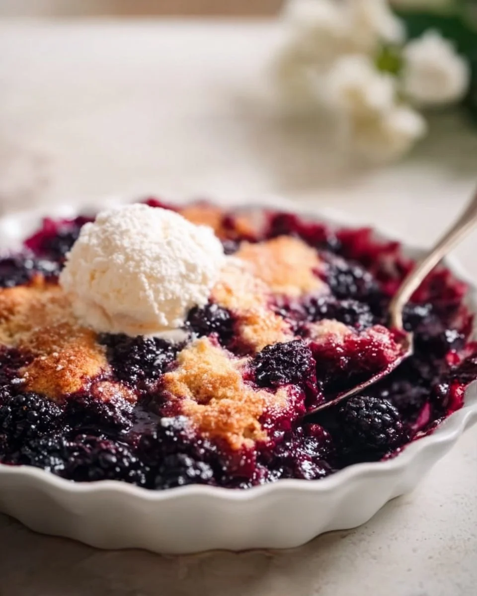 Delicious classic blackberry cobbler fresh out of the oven with a golden crust