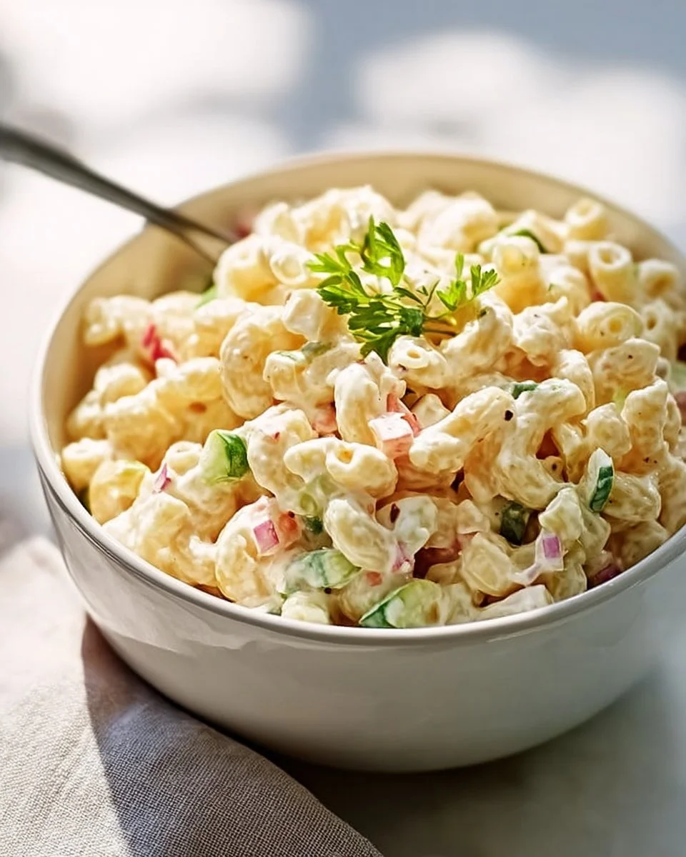 Bowl of classic macaroni salad with vegetables and dressing