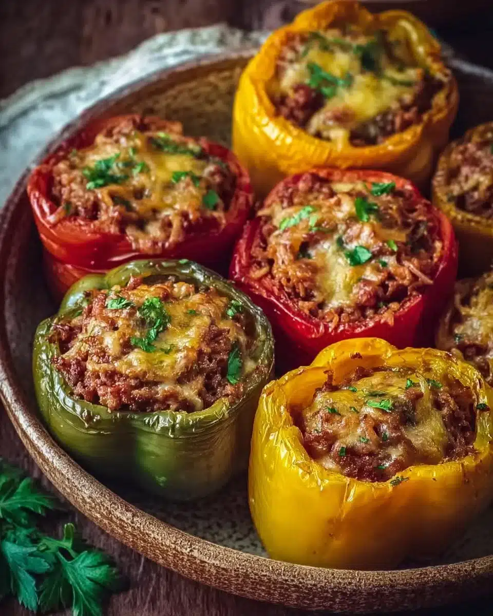 Delicious classic stuffed peppers filled with rice and ground meat