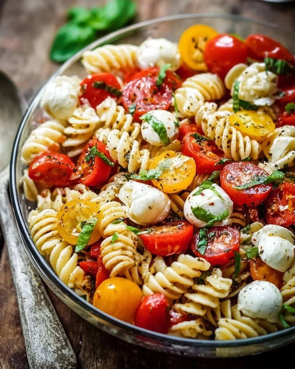 Colorful Caprese Pasta Salad with fresh tomatoes, mozzarella, and basil.