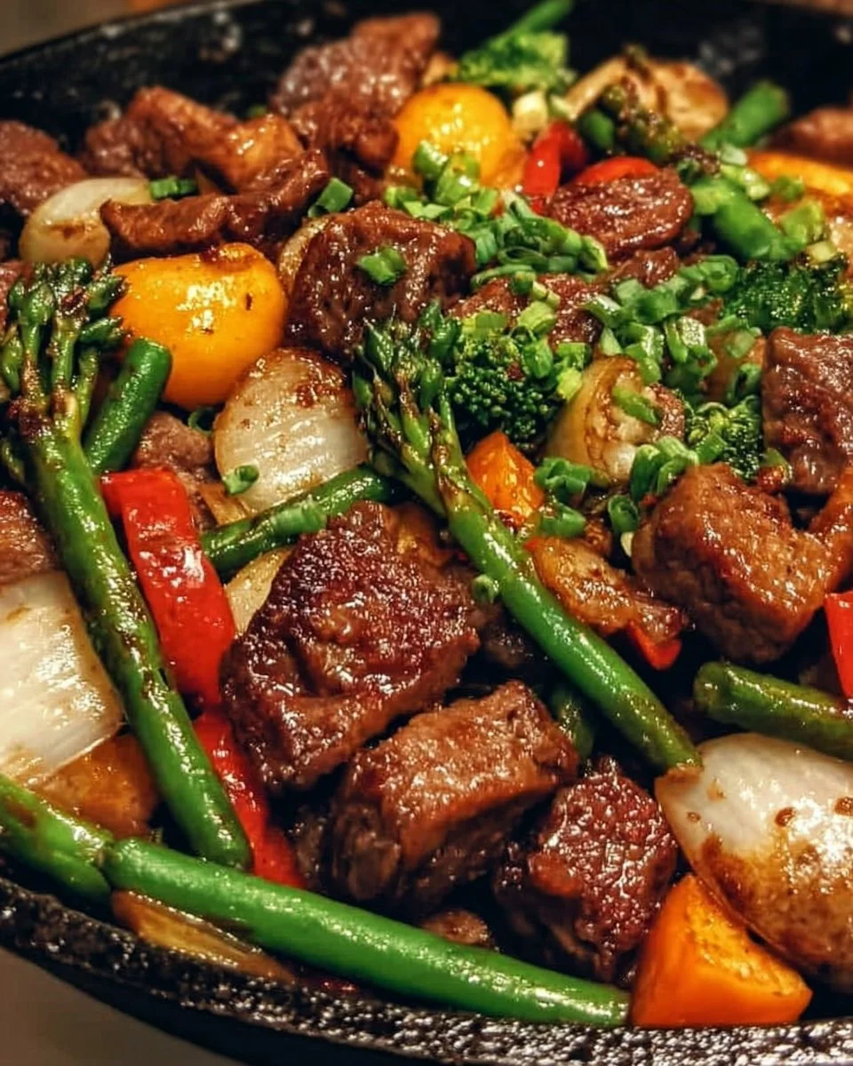 Delicious Cowboy Stir Fry with beef, peppers, and vibrant vegetables