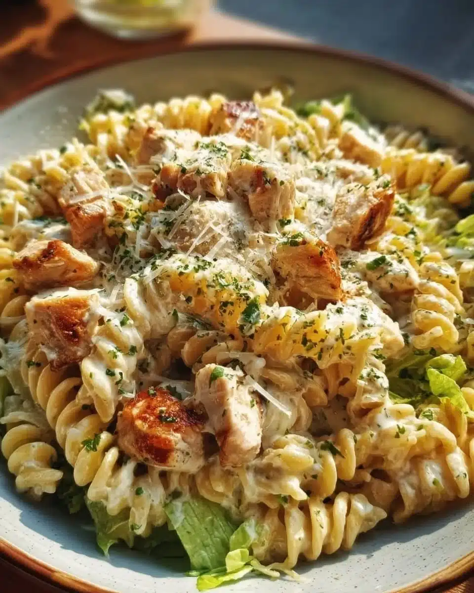 Creamy chicken pasta dish with herbs and cheese