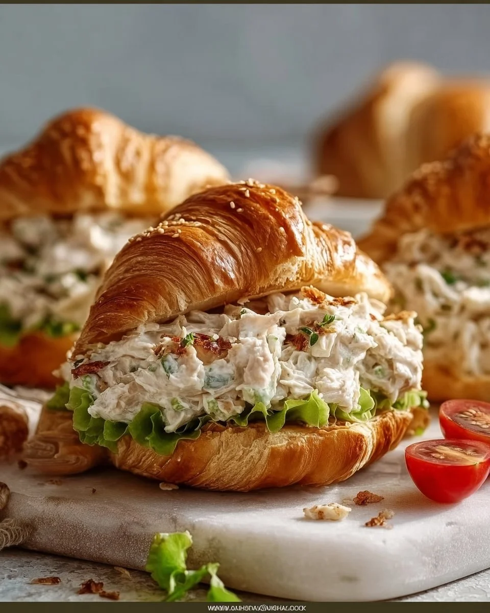 Creamy classic chicken salad croissant sandwich ready to be served