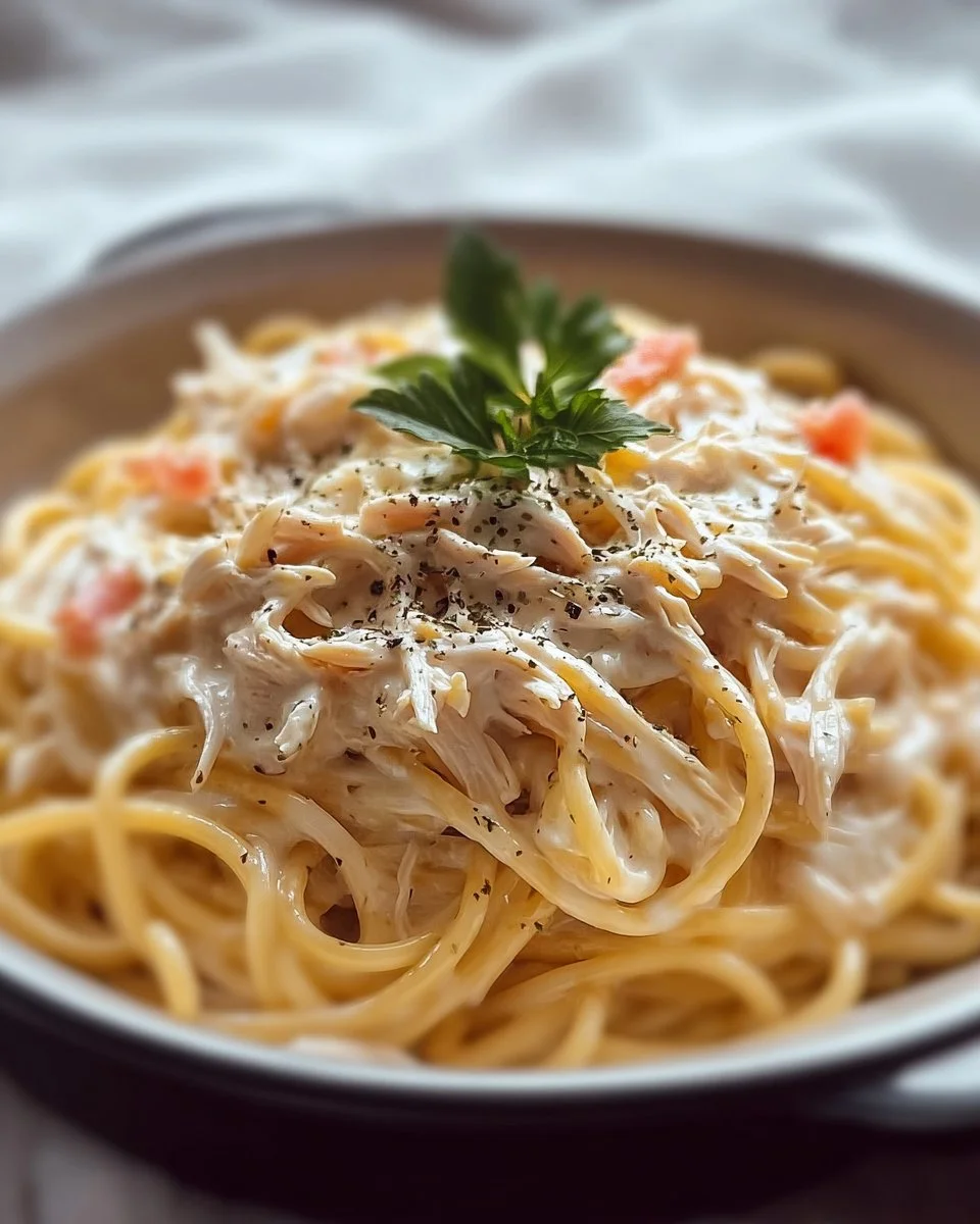 Delicious creamy crockpot chicken spaghetti served in a bowl