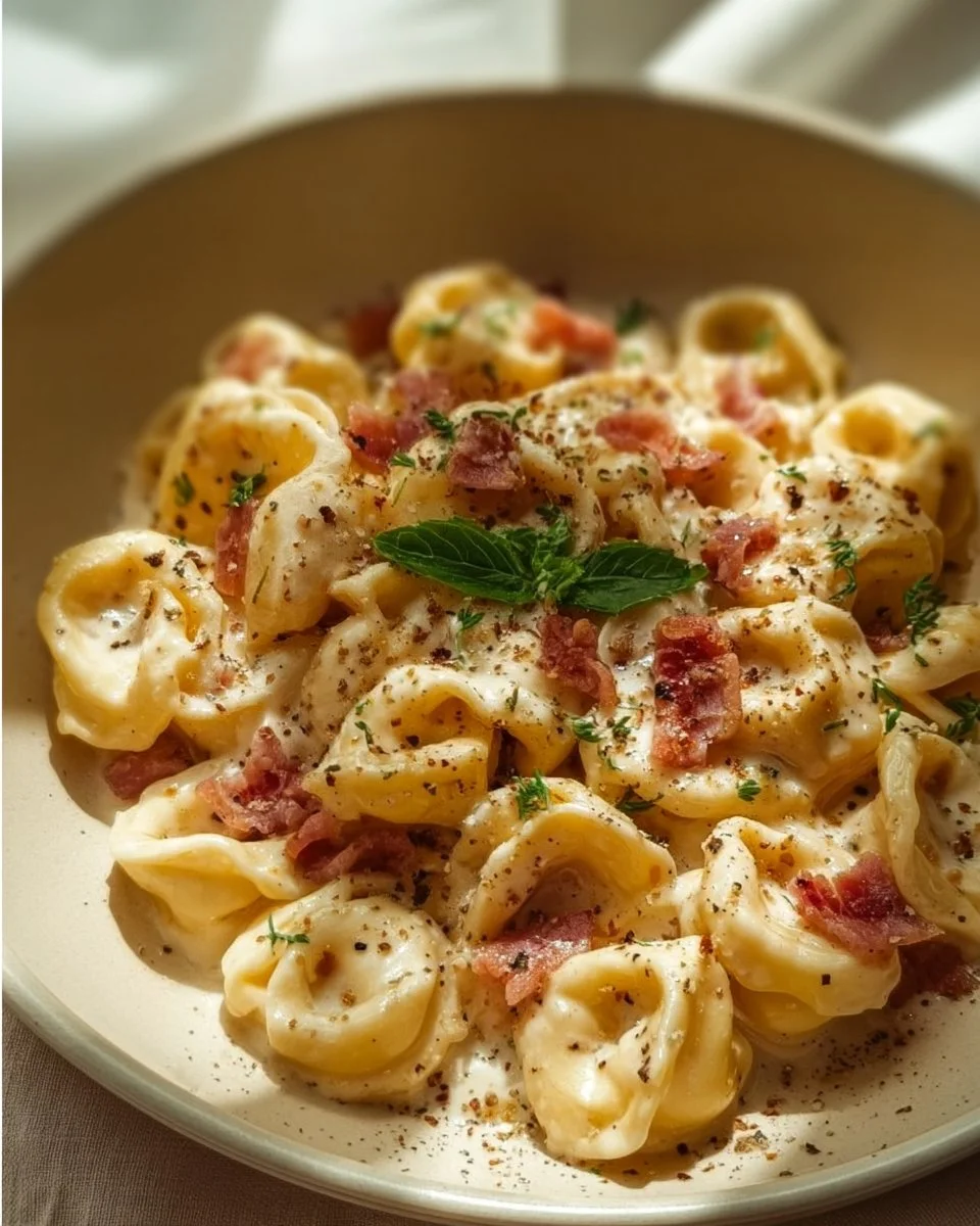 Creamy tortellini carbonara dish served with parmesan and herbs
