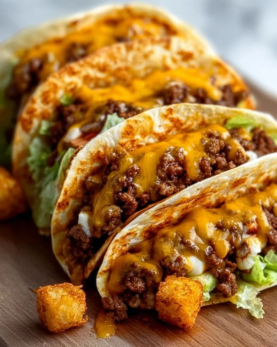 Crispy beef and cheese tacos served on a plate, garnished with fresh toppings.
