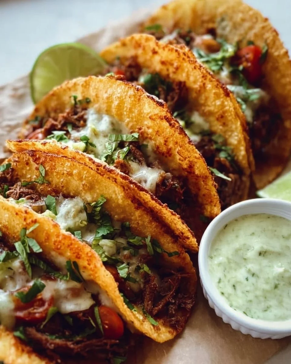 Plate of crispy beef tacos served with fresh toppings and sides