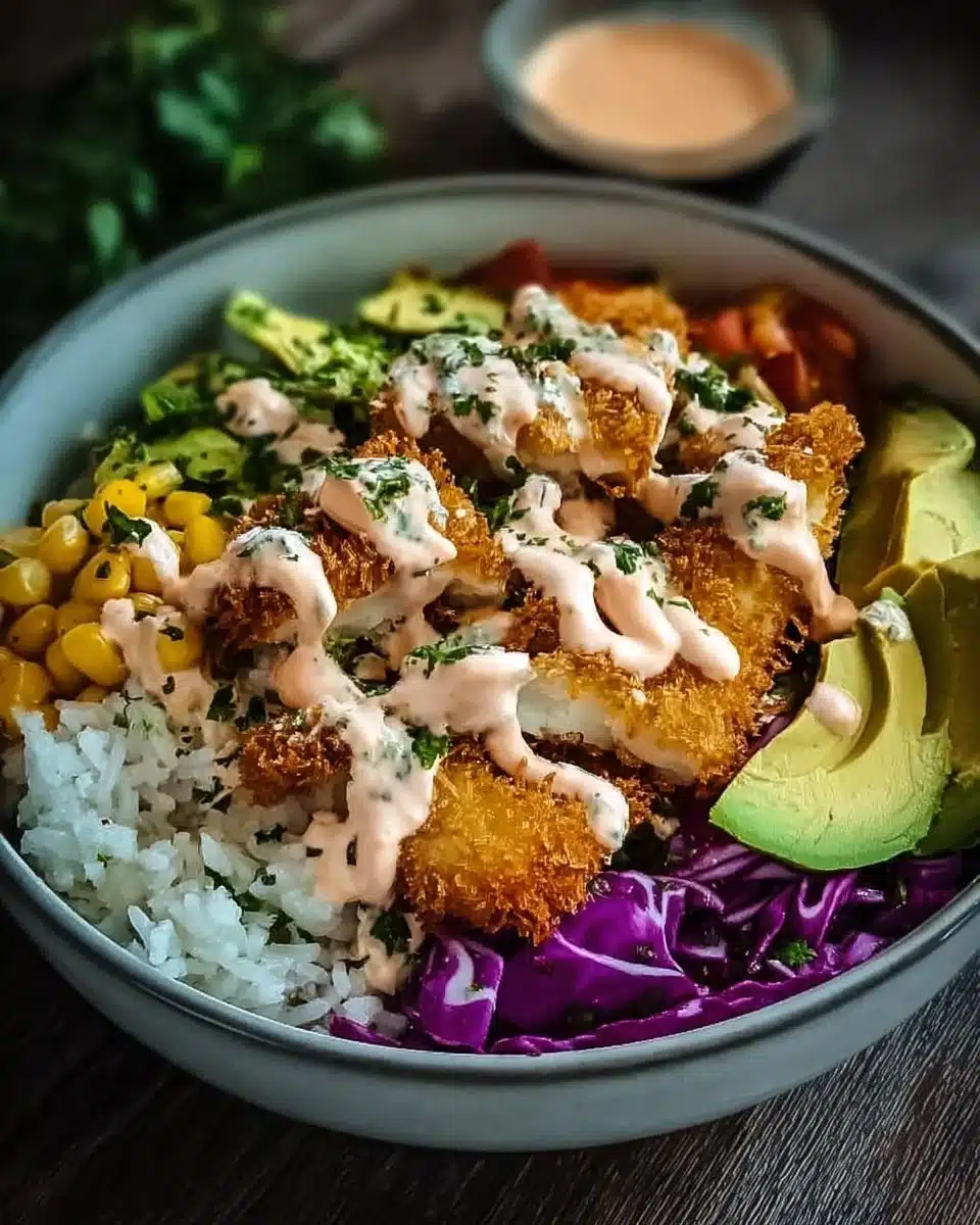 Delicious crispy fish taco bowls served with fresh toppings and zesty sauce