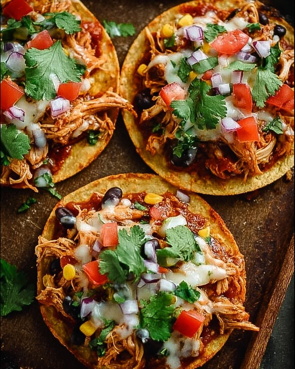 Crispy rotisserie chicken tostadas topped with fresh toppings on a wooden table.