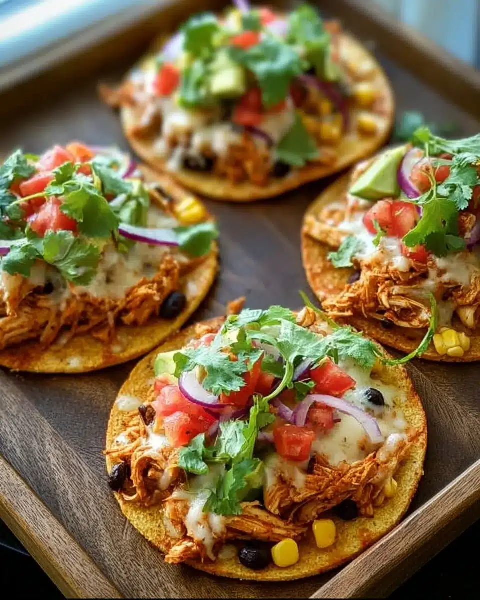 Crispy rotisserie chicken tostadas topped with fresh vegetables and salsa