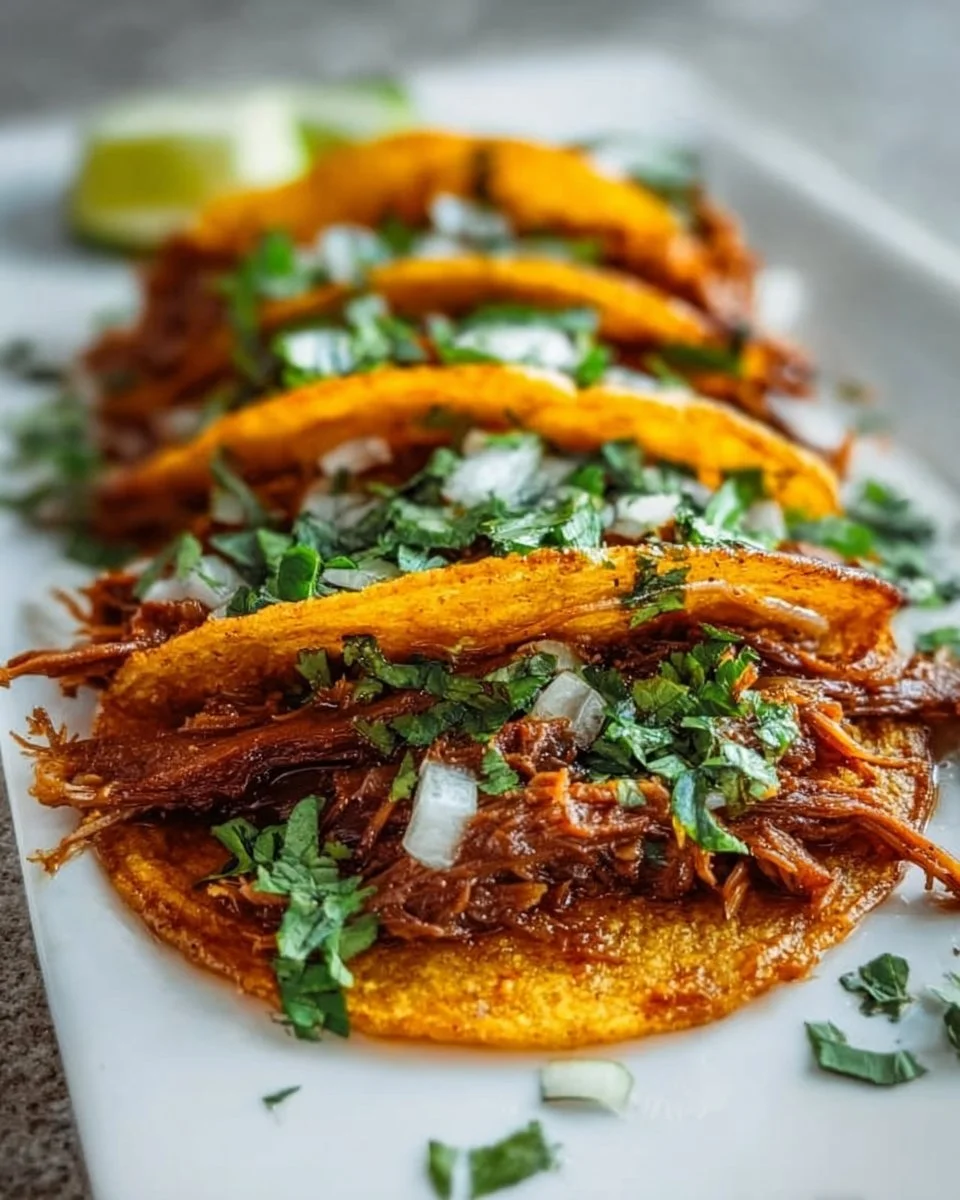 Crock Pot Birria Tacos served with fresh toppings and dipping sauce