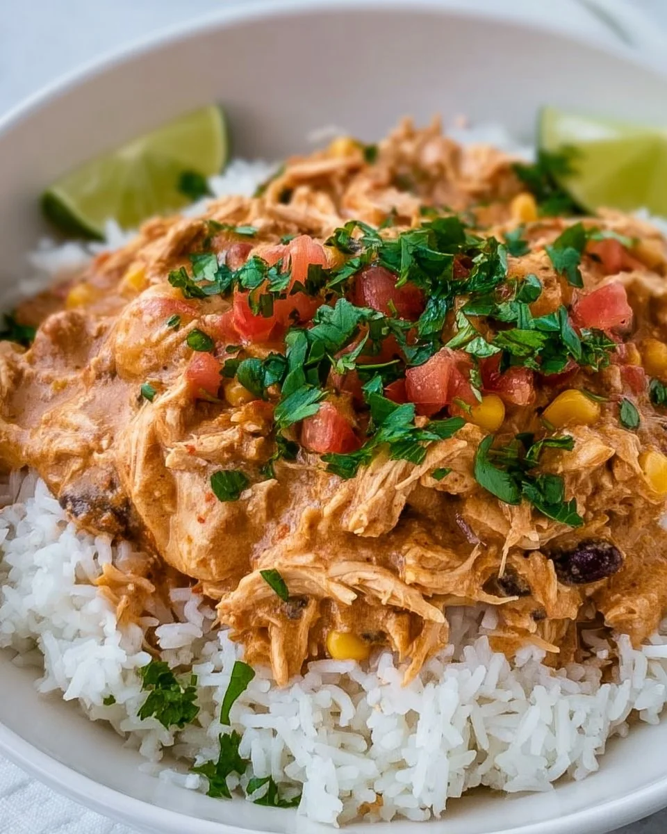 Crock Pot Fiesta Chicken served with colorful veggies and toppings.