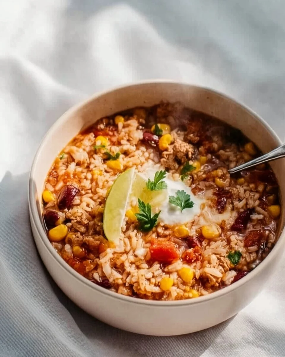 Crock Pot Taco Rice Soup in a bowl garnished with cheese and cilantro