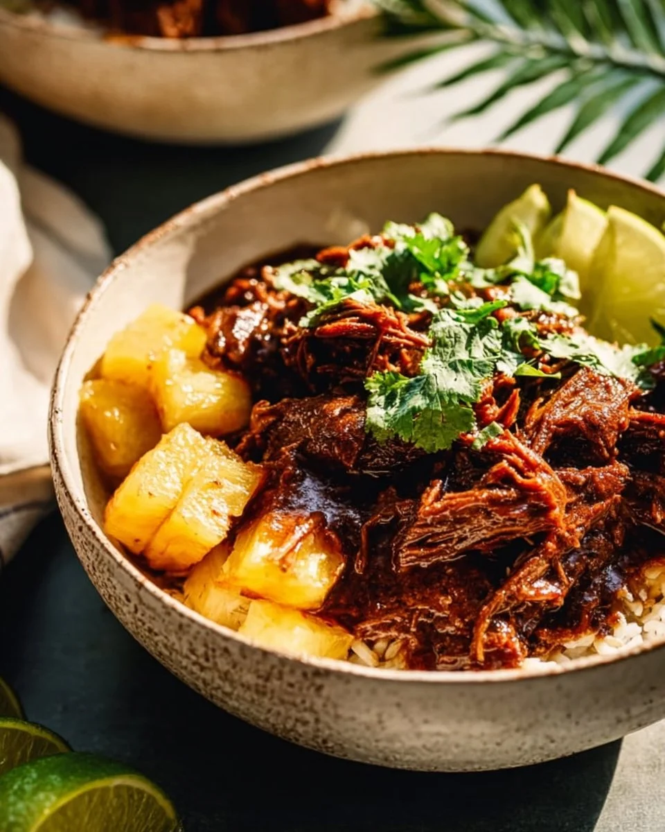 Crockpot Chipotle Pineapple Pot Roast Bowl served in a bowl with fresh toppings