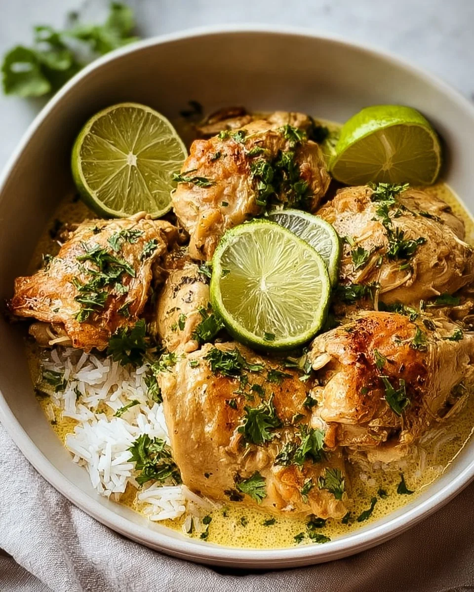 Delicious crockpot coconut lime chicken garnished with lime slices and herbs.