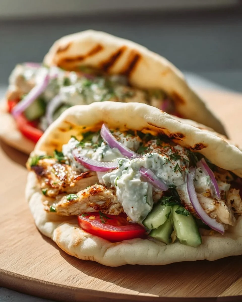 Crockpot Greek Chicken Pitas with juicy chicken and fresh vegetables