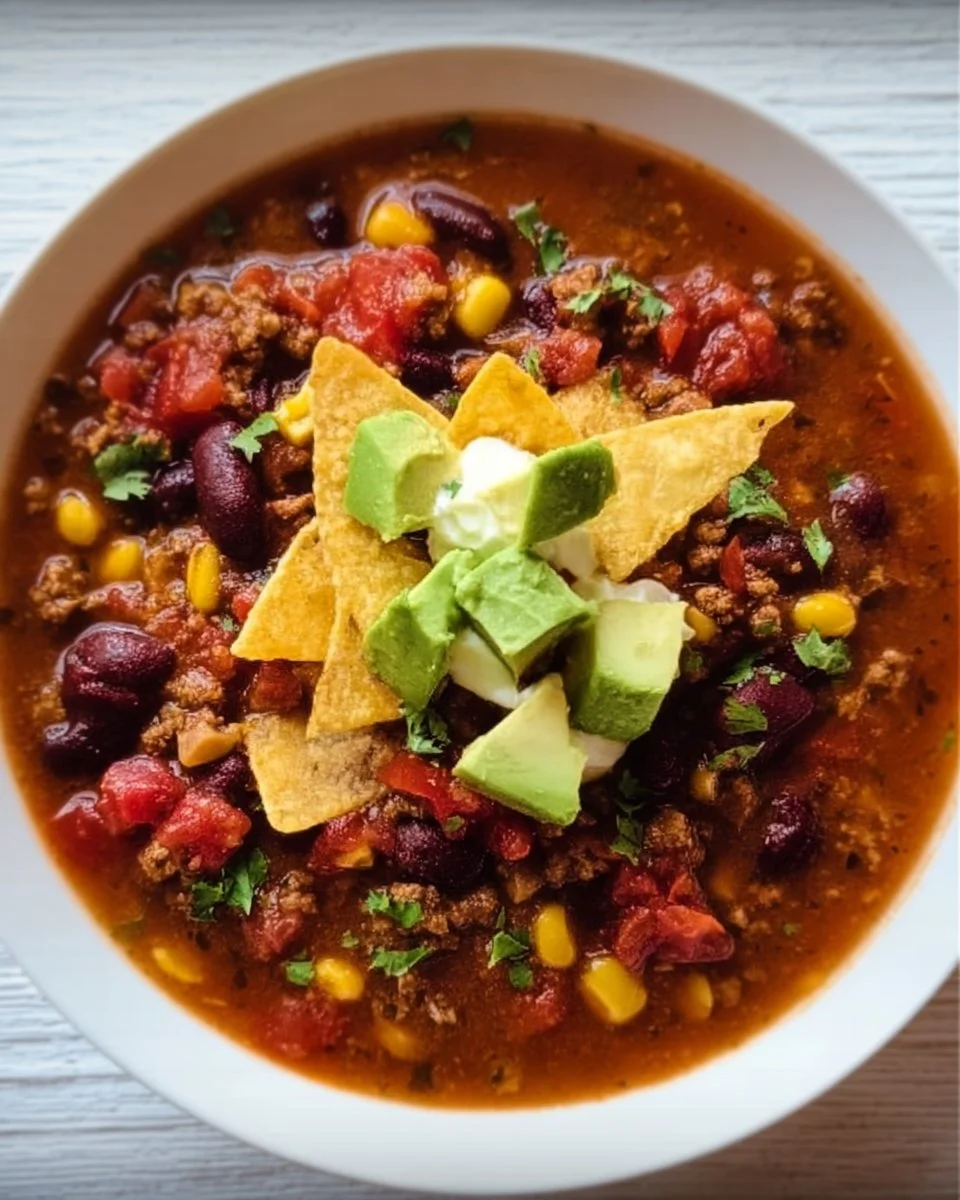 Bowl of delicious Crockpot Taco Soup with toppings