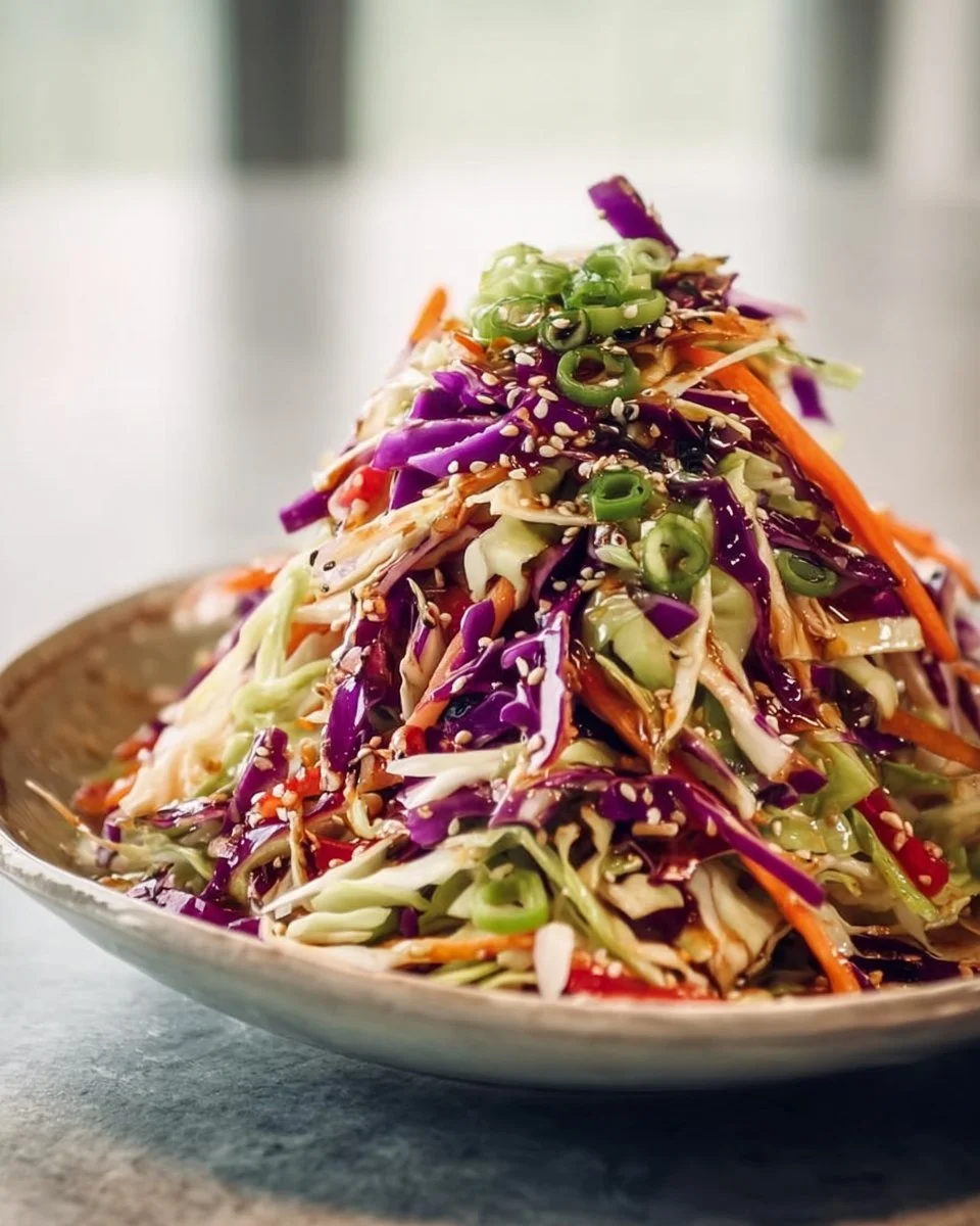 Crunchy Asian cabbage slaw with sesame dressing served in a bowl