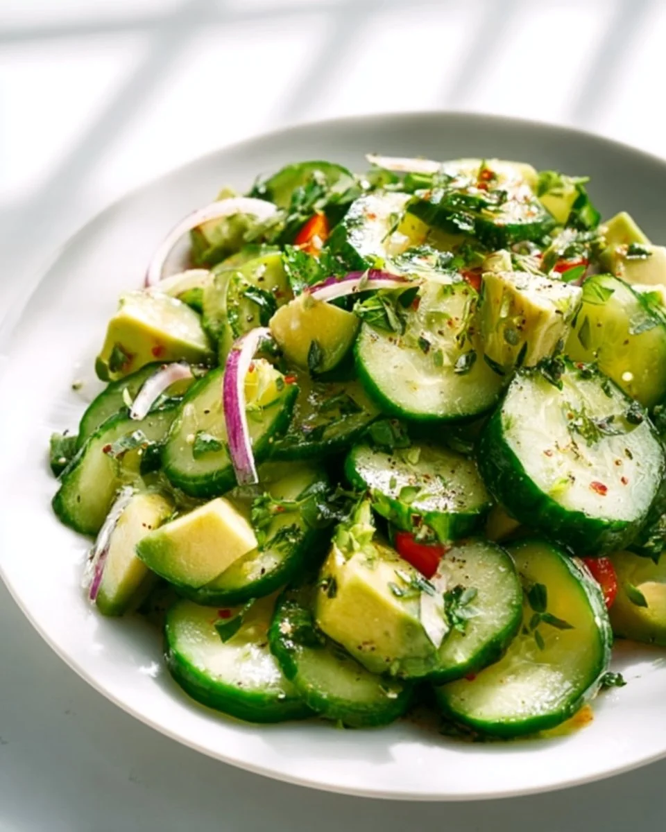 Fresh Cucumber Avocado Salad with mint garnish in a bowl