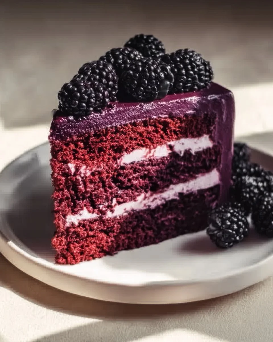 Decadent blackberry velvet cake with creamy frosting