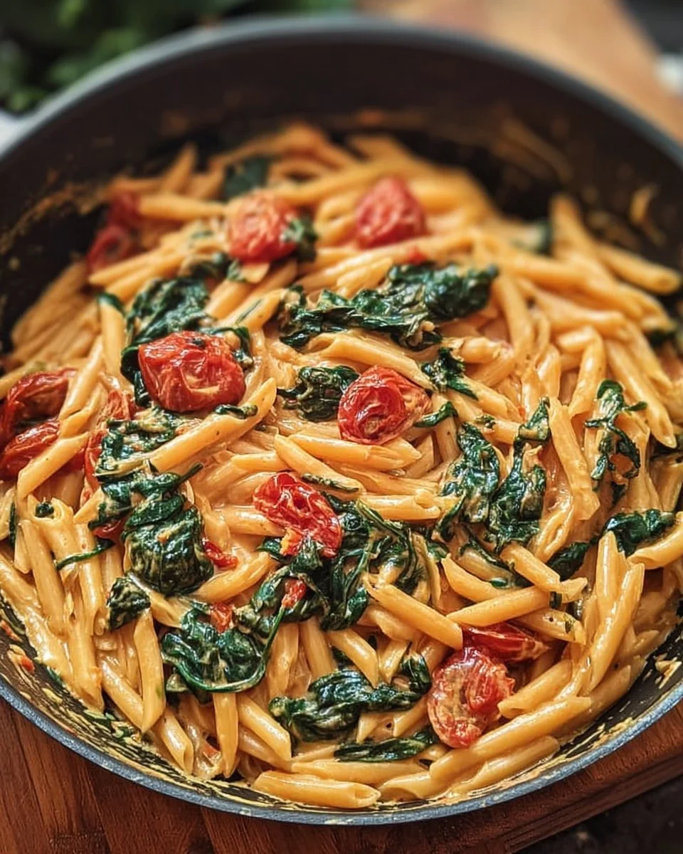 Bowl of delicious spinach tomato pasta with fresh ingredients