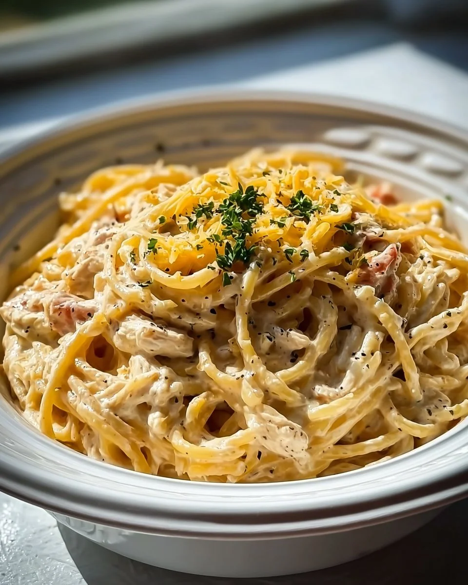 Creamy Crockpot Chicken Spaghetti served in a bowl, topped with parsley.