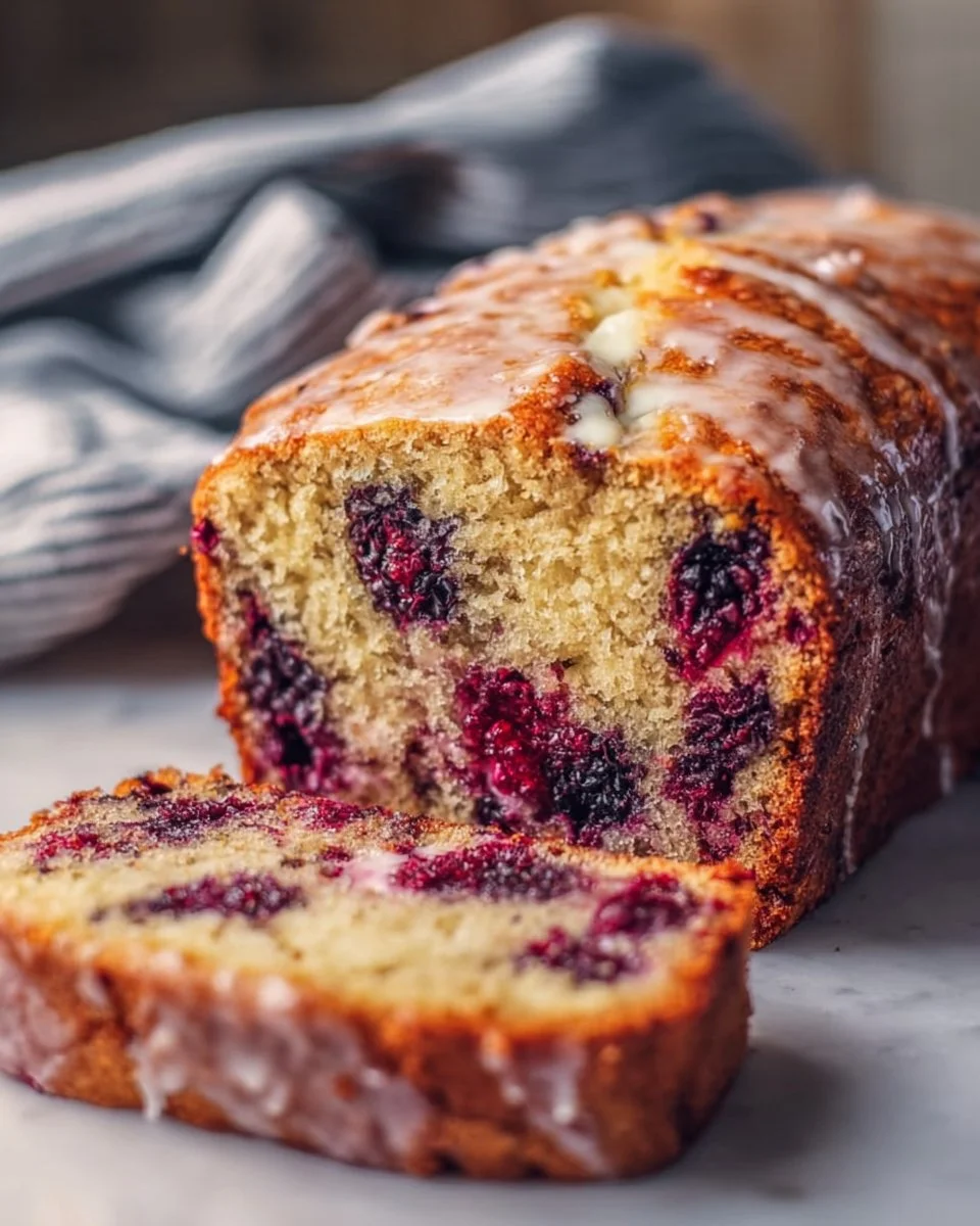 Loaf of easy blackberry quick bread on a rustic table