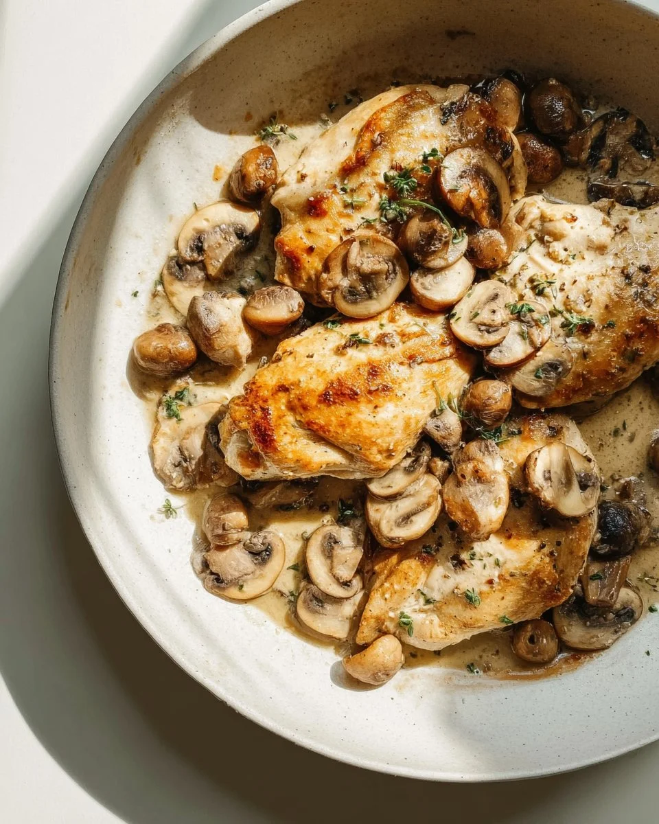 Easy chicken dinner with garlic and mushrooms on a plate