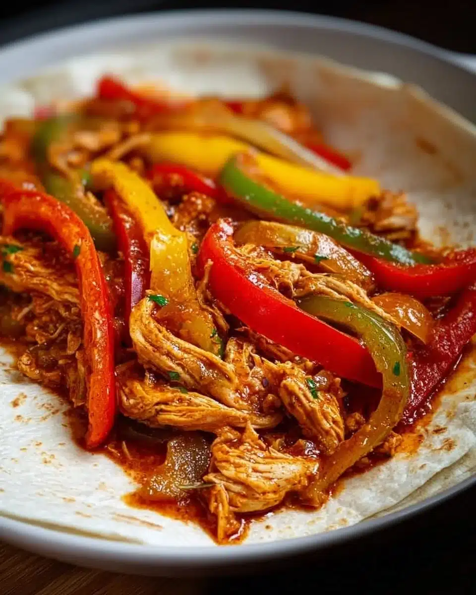 Delicious easy crockpot chicken fajitas served with colorful peppers and onions