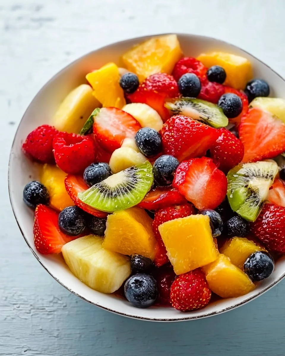 Colorful and fresh easy fruit salad in a bowl with various fruits