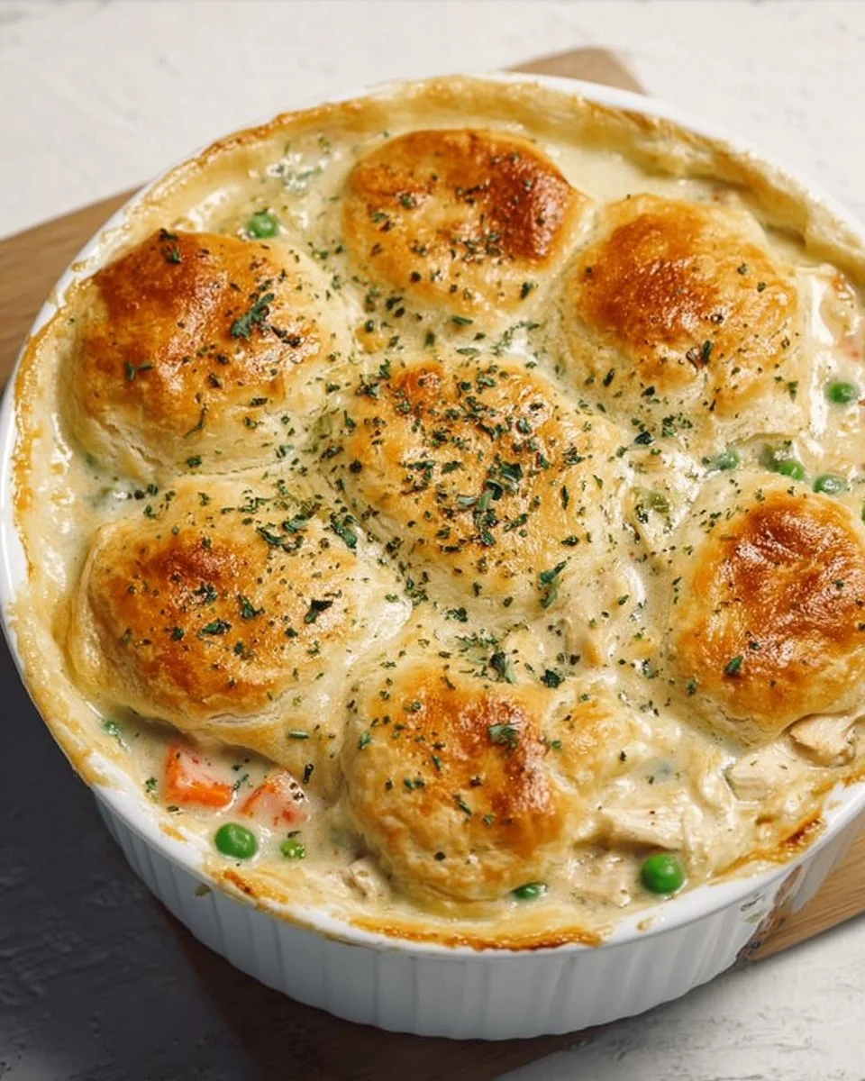 Easy homemade chicken pot pie casserole served in a dish