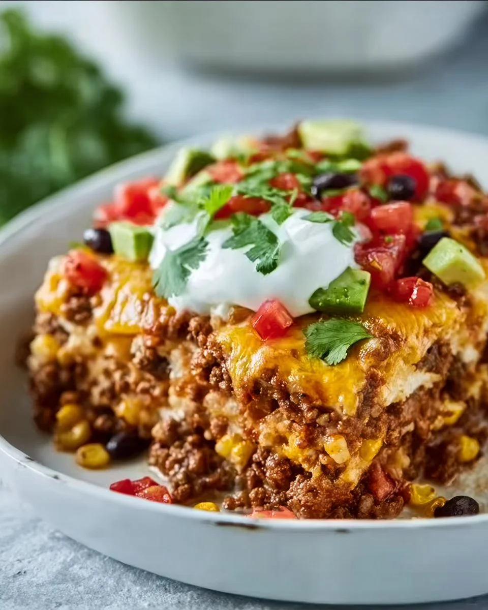 Delicious homemade taco casserole topped with cheese and fresh ingredients