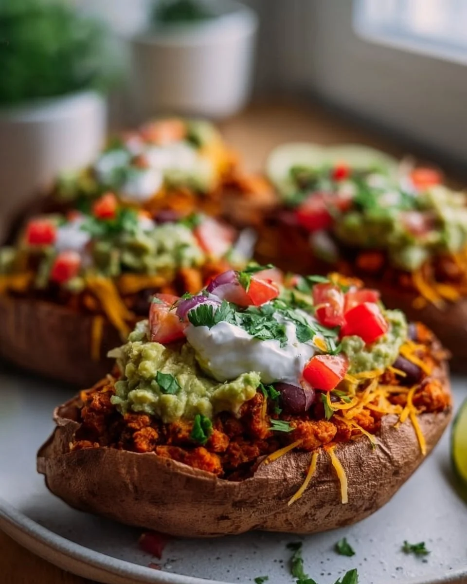Delicious taco stuffed sweet potatoes topped with fresh ingredients.
