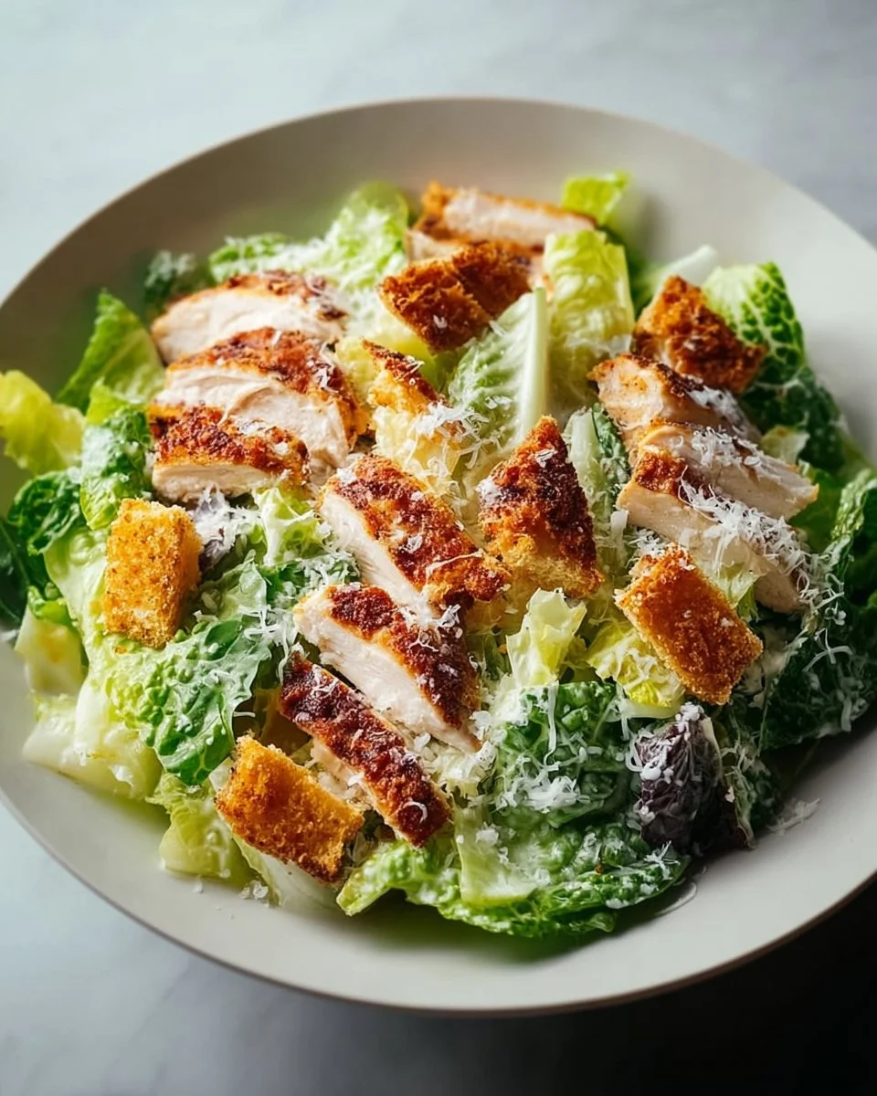 Delicious Extra Crispy Chicken Caesar Salad with fresh romaine and parmesan.