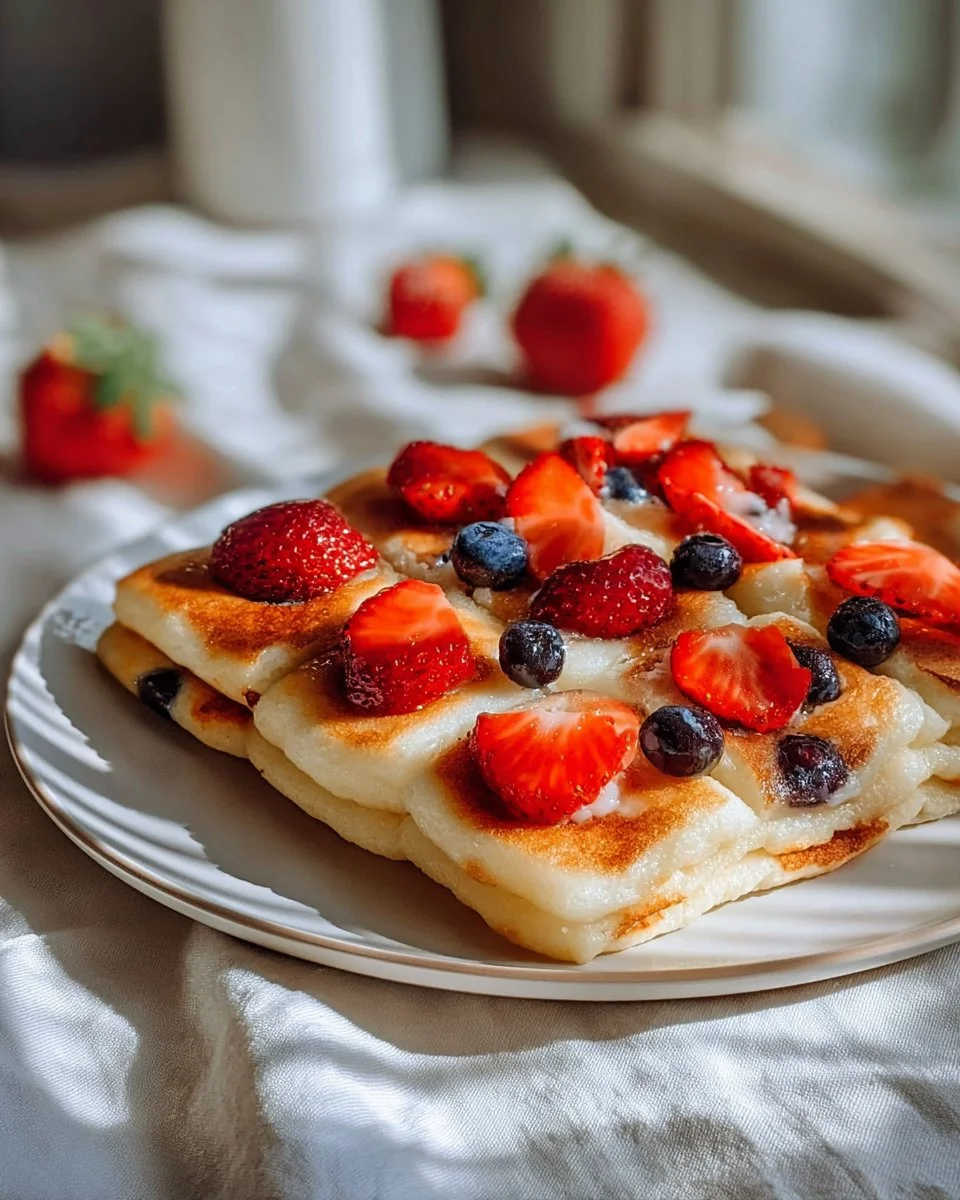 Fluffy sheet pan pancakes served with syrup and berries