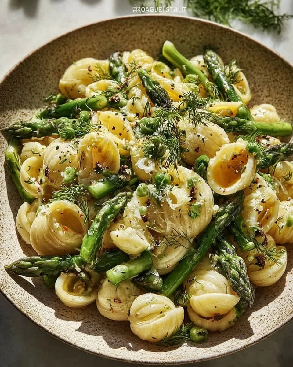 Fresh spring pasta salad with asparagus and lemon dill vinaigrette