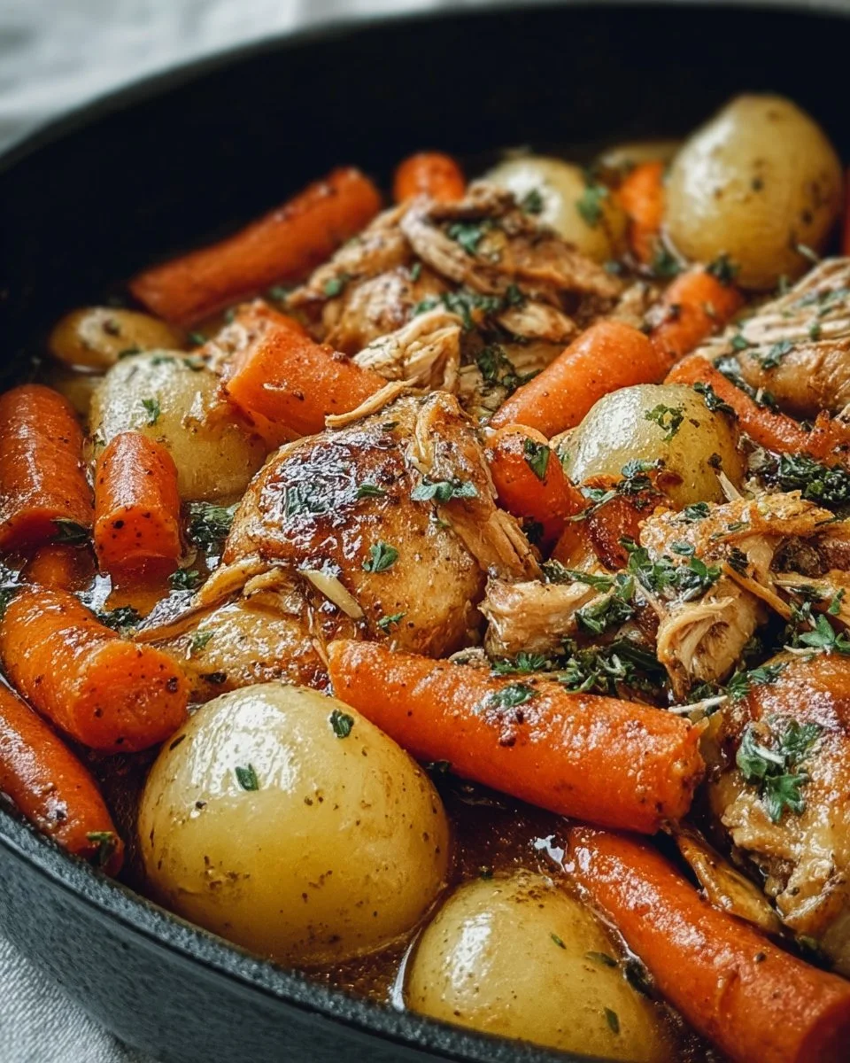 Delicious Garlic Butter Chicken served with potatoes and carrots
