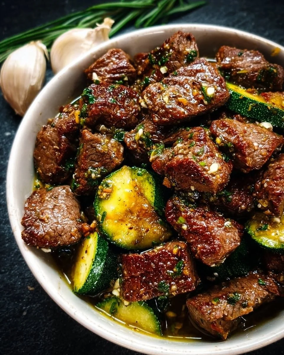 Garlic butter steak bites cooked to perfection in a skillet, garnished with herbs.