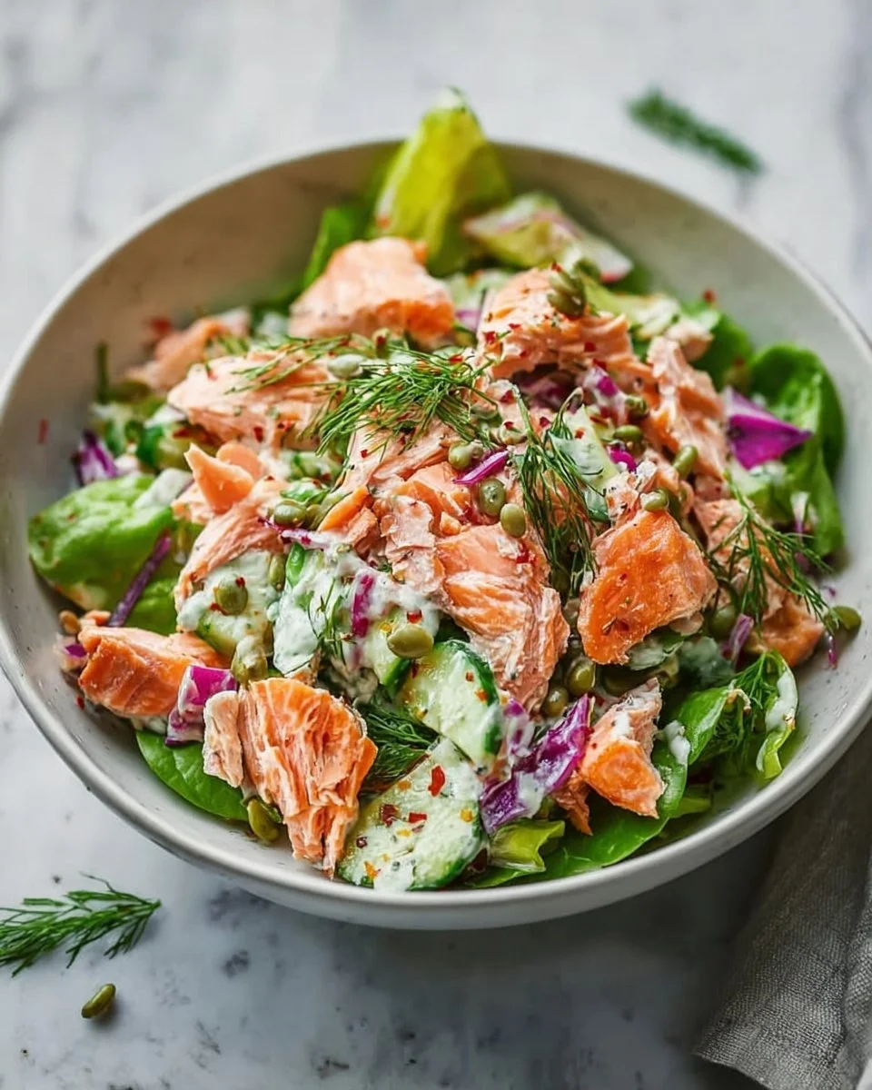 Gluten-free flaky salmon salad with fresh vegetables and dressing